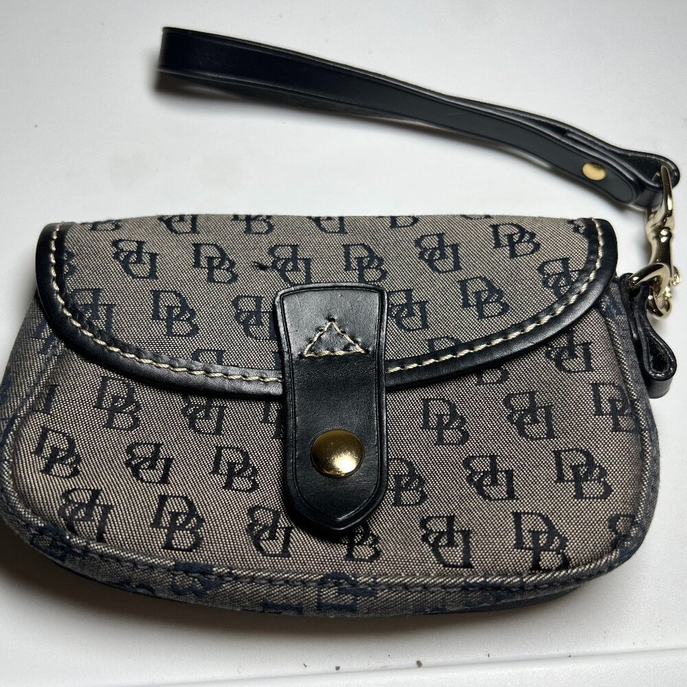 Dooney & Bourke Black Signature Leather Trim Flap Wristlet Pouch